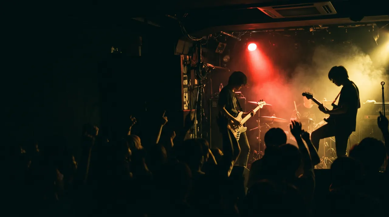 ライブハウスのステージで演奏するバンドと、手を挙げる観客(イメージ)